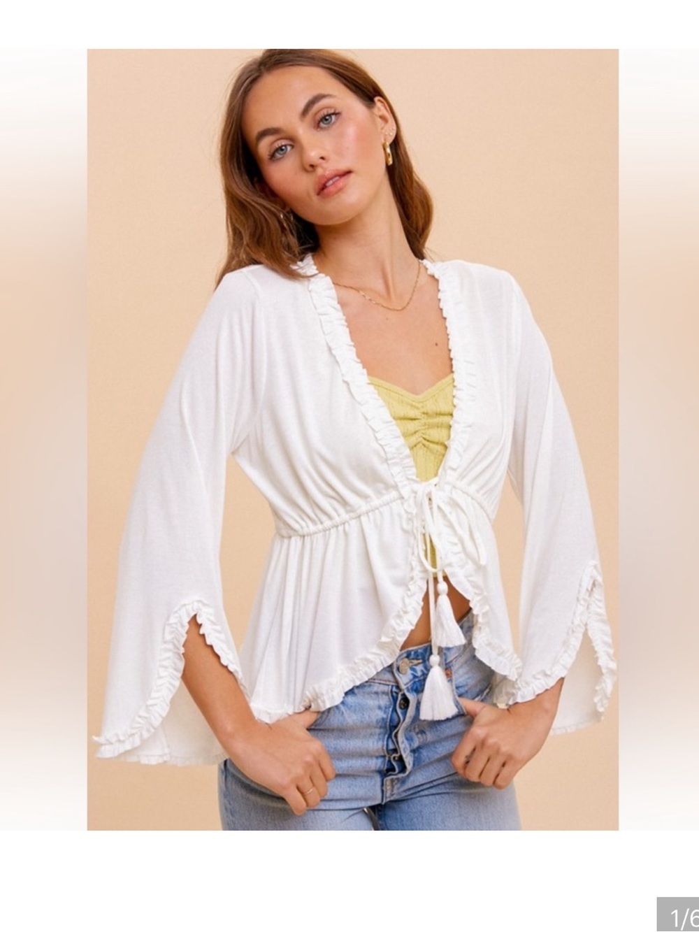Hem & Thread White Ruffle Tie-Front Cardigan